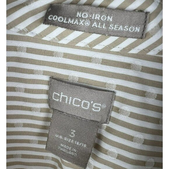 Chicos Women's Shirt 3 US XL Tan White No Iron CoolMax All Season Stripe Dot - Picture 2 of 7